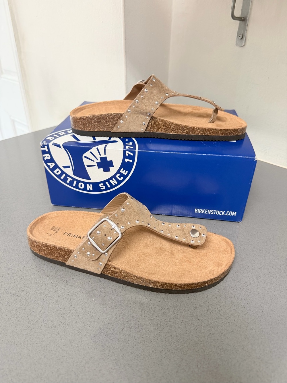 Suede thong sandals silver rhinestone strap women’s taupe studded bar footbed 9